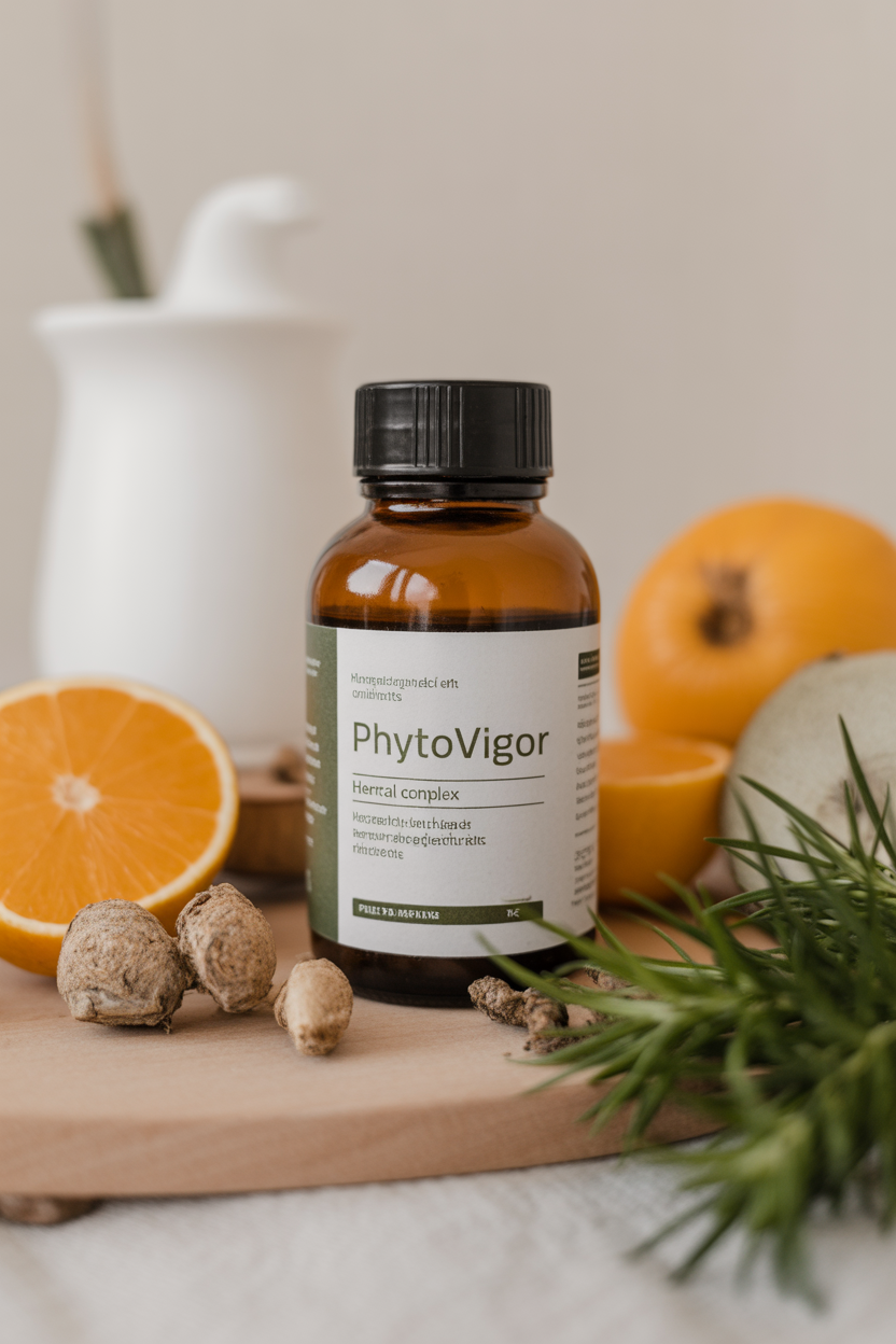 PhytoVigor herbal complex bottle with natural ingredients for heart, vessels and digestion